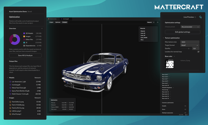 Mattercraft's new Asset Optimizer brings glTF-Transform's industry-standard compression into an intuitive visual interface. Optimize textures, geometry, and materials with real-time previews and non-destructive workflows.