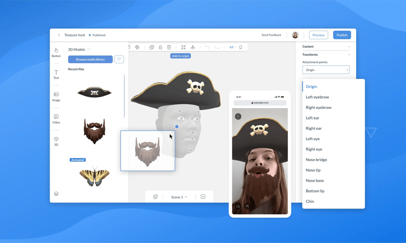 Today’s deployment offers our creative community a new tracking type to use within your Augmented Reality experiences: Face Tracking!