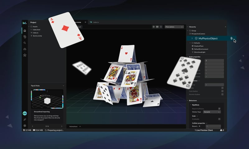 Build Augmented Reality experiences or web-based Virtual / Mixed Reallity for headsets including the Apple Vision Pro and Meta Quests with the new physics package.