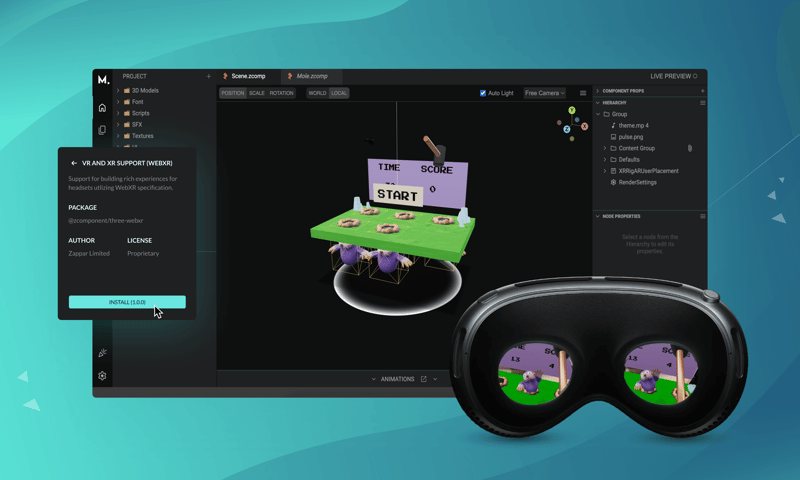 As of today, you can start to build immersive Virtual, Mixed (passthrough), and Augmented Reality content easily in Mattercraft for Meta Quests, Apple Vision Pro, Magic Leap and Zapbox.